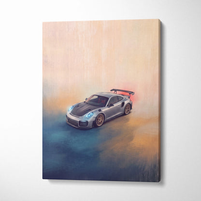 Silver and black Porsche 911 GT2 RS inspired canvas art with glowing blue headlights for premium automotive wall decor