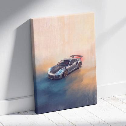 Silver and black porsche 911 gt2 rs inspired canvas art with glowing blue headlights premium automotive wall decor