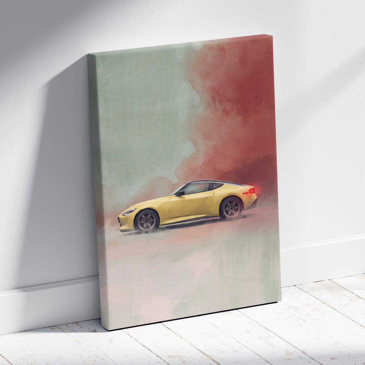 Nissan Z Inspired Automotive Wall Art - Yellow Sports Car Canvas Painting for Garage Decor