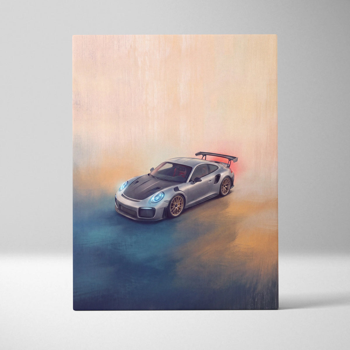 Silver porsche 911 gt2 with black racing stripes and gold rims on premium automotive wall decor canvas art