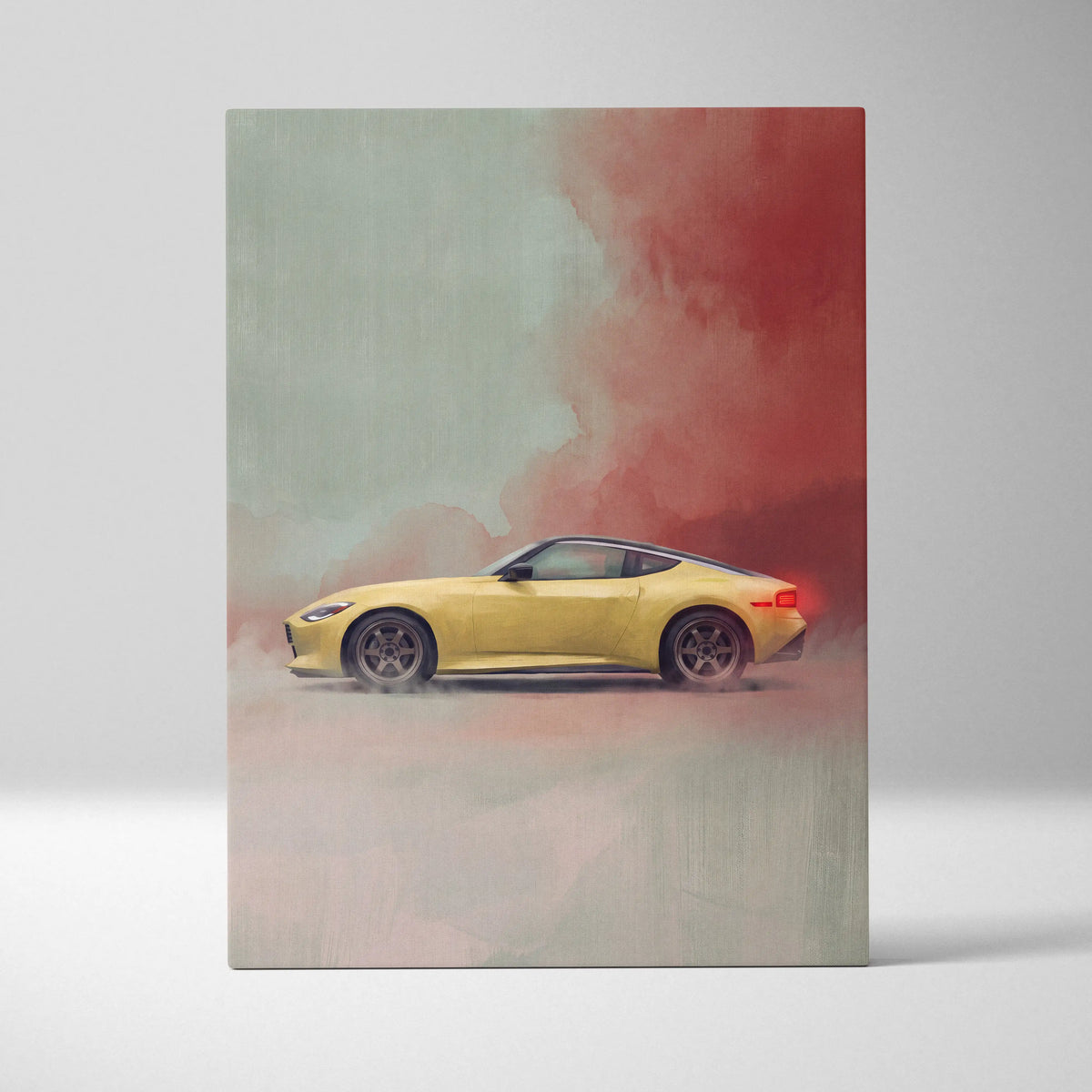 Nissan Z Inspired Automotive Wall Art - Yellow Sports Car Canvas Painting for Garage Decor