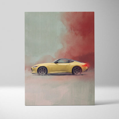 Nissan Z Inspired Automotive Wall Art - Yellow Sports Car Canvas Painting for Garage Decor