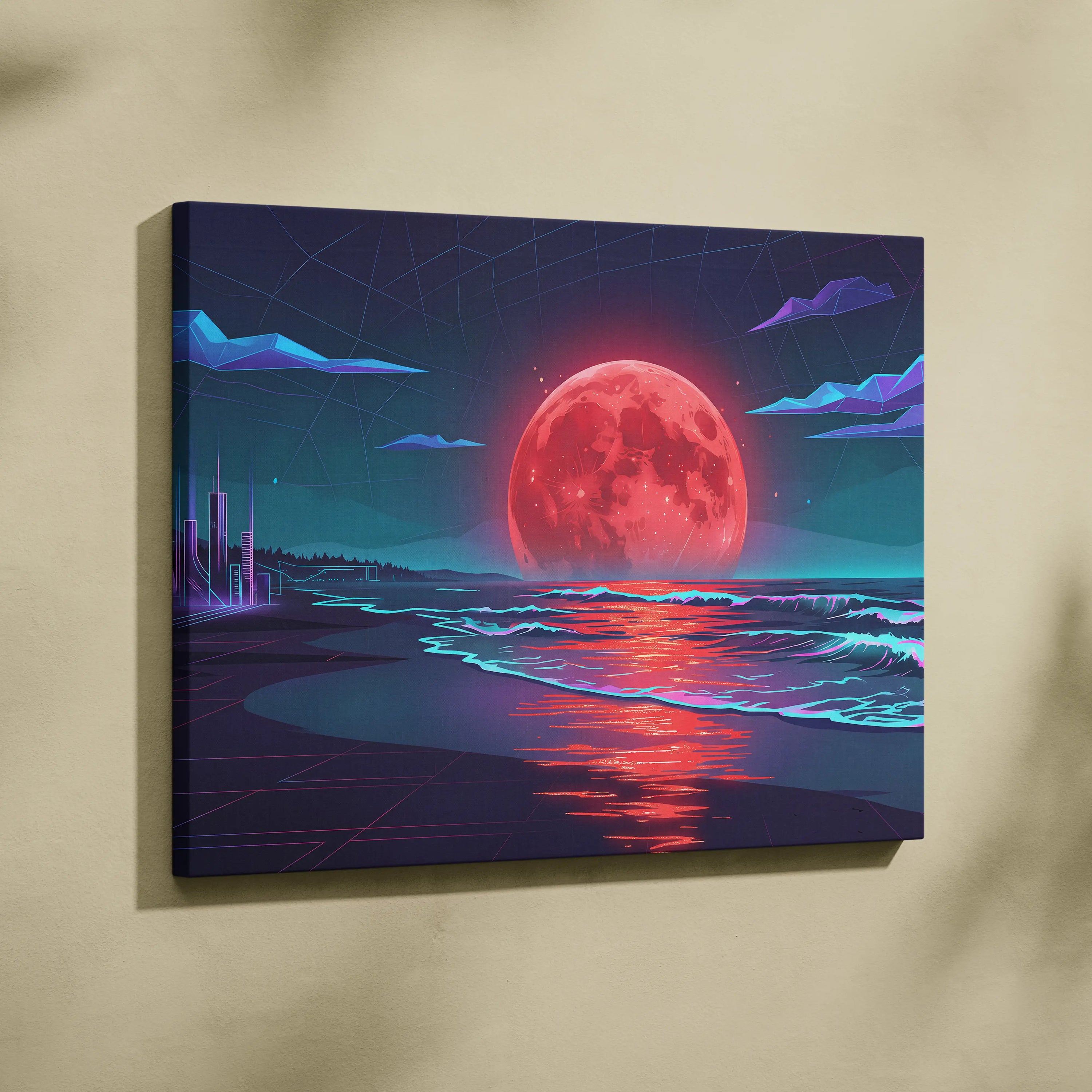 Neon Moon Vaporwave Canvas - Moonlit Neon City Living Room Neon Pink Vaporwave Dreamy Retro Mood Vaporwave Canvas