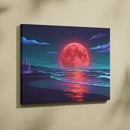 Neon Moon Vaporwave Canvas - Moonlit Neon City Living Room Neon Pink Vaporwave Dreamy Retro Mood Vaporwave Canvas