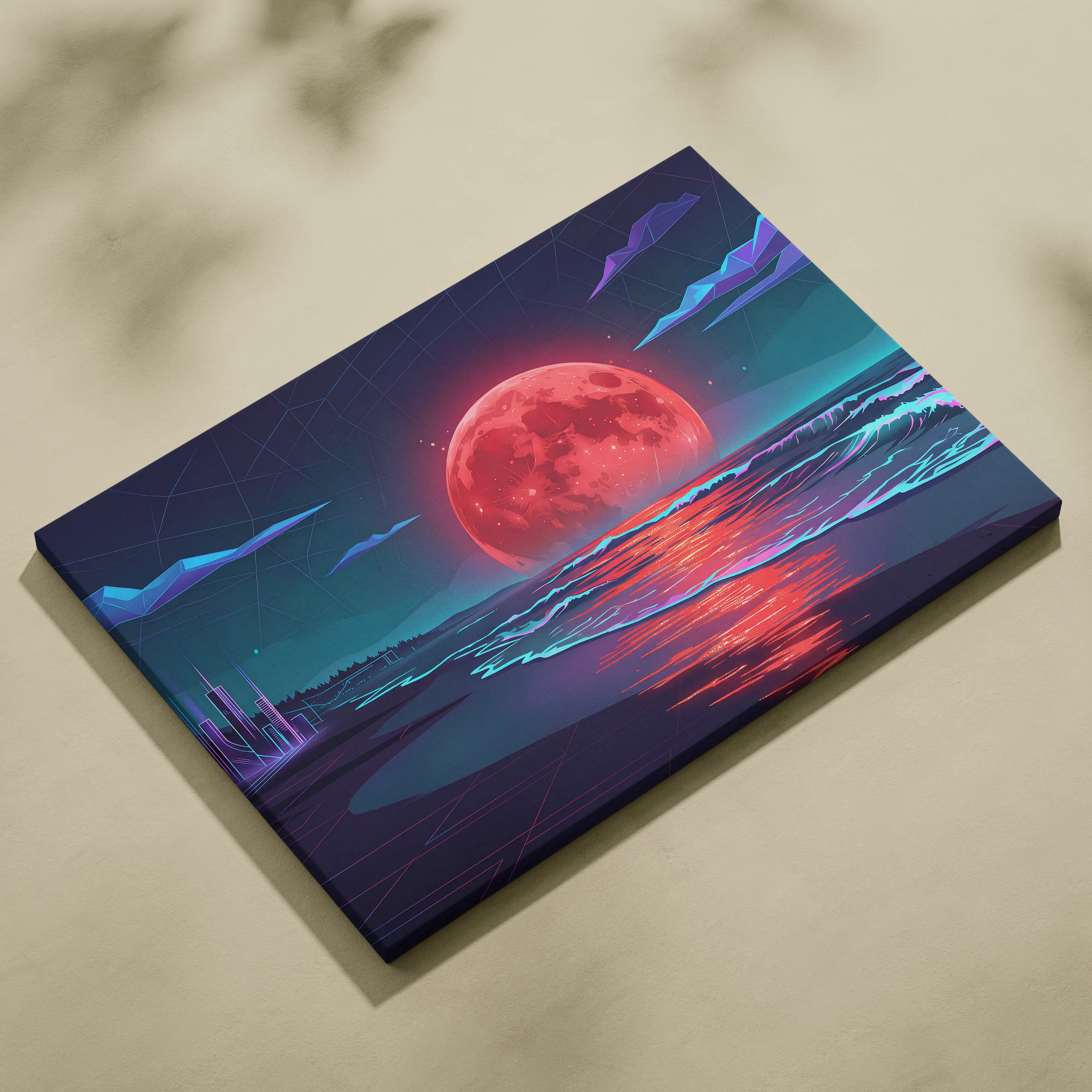 Neon Moon Vaporwave Canvas - Moonlit Neon City Living Room Neon Pink Vaporwave Dreamy Retro Mood Vaporwave Canvas