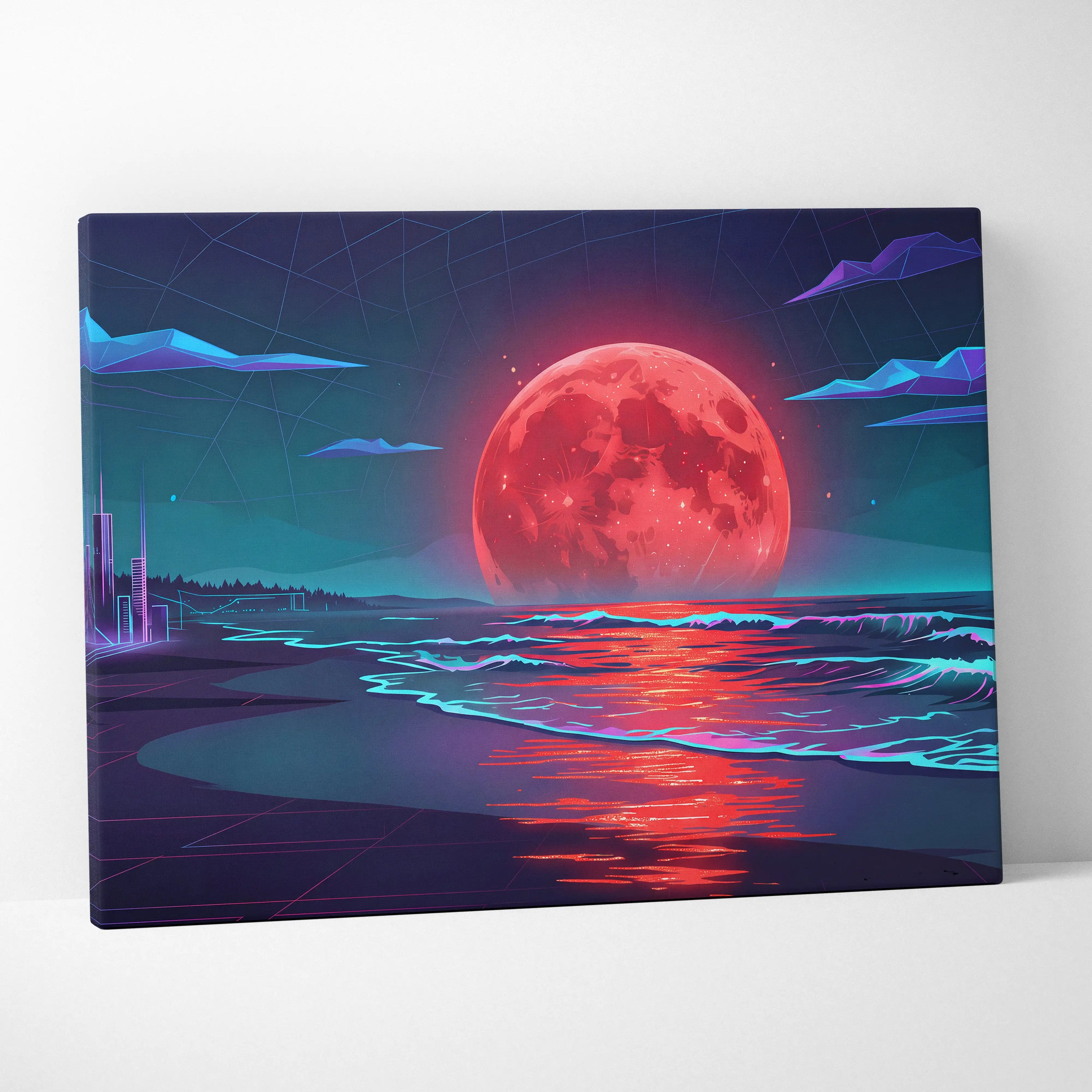 Neon Moon Vaporwave Canvas - Moonlit Neon City Living Room Neon Pink Vaporwave Dreamy Retro Mood Vaporwave Canvas