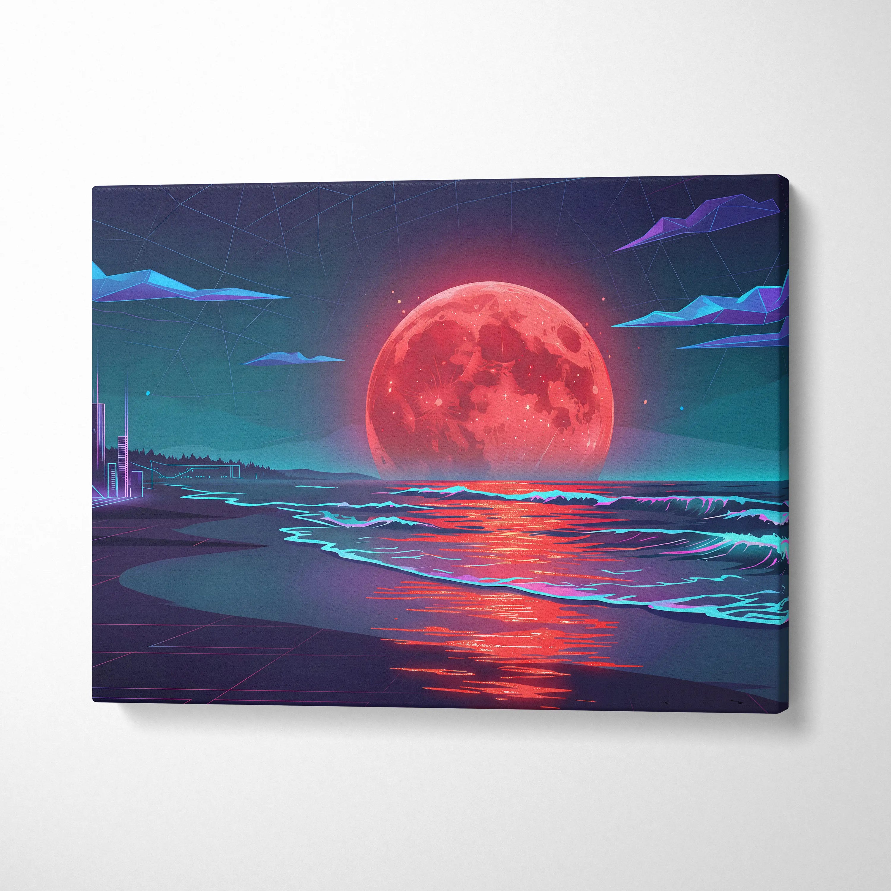 Neon Moon Vaporwave Canvas - Moonlit Neon City Living Room Neon Pink Vaporwave Dreamy Retro Mood Vaporwave Canvas