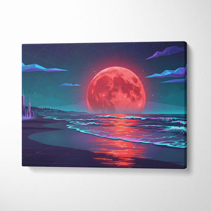 Neon Moon Vaporwave Canvas - Moonlit Neon City Living Room Neon Pink Vaporwave Dreamy Retro Mood Vaporwave Canvas