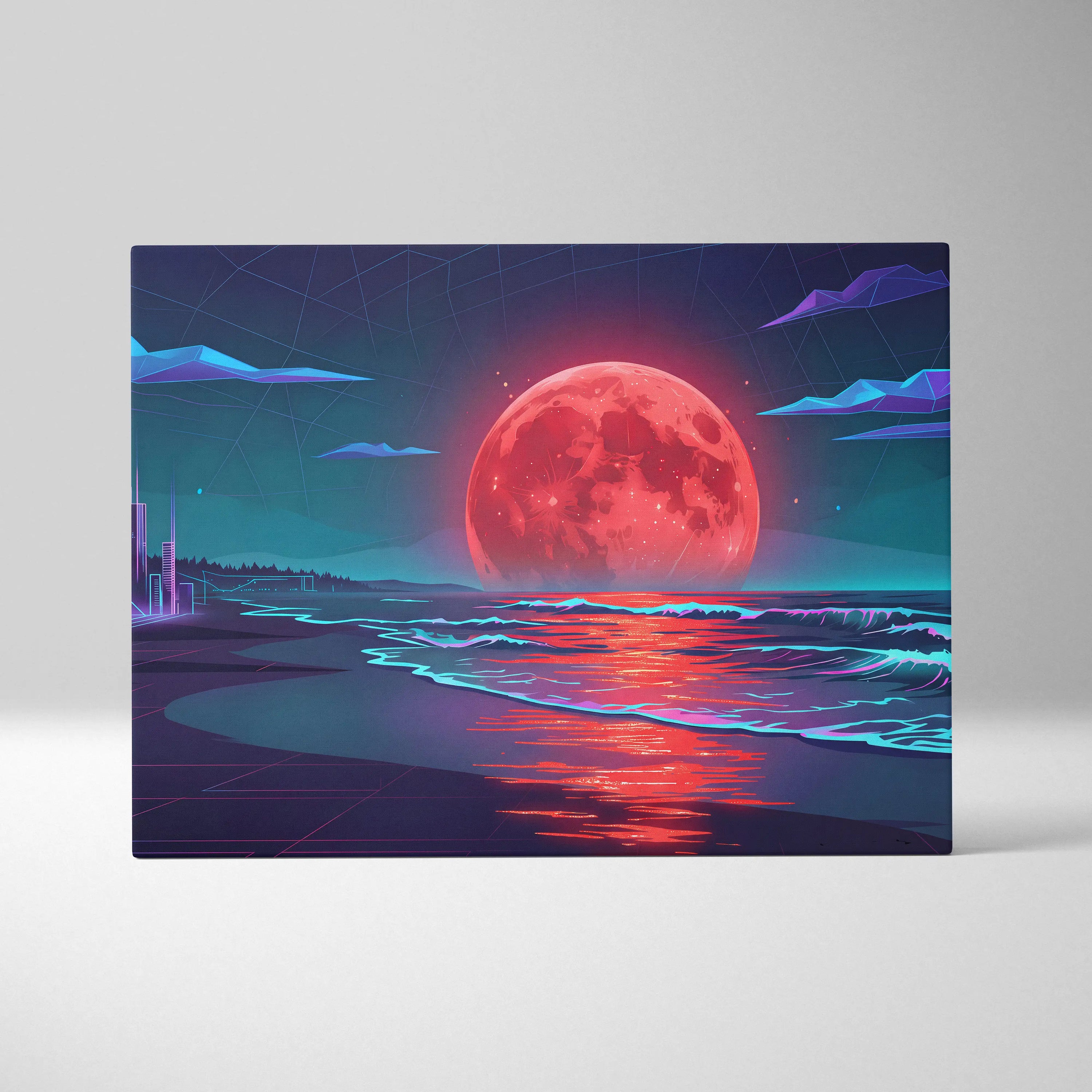 Neon Moon Vaporwave Canvas - Moonlit Neon City Living Room Neon Pink Vaporwave Dreamy Retro Mood Vaporwave Canvas