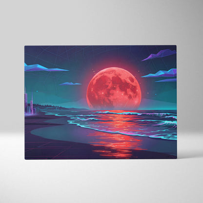 Neon Moon Vaporwave Canvas - Moonlit Neon City Living Room Neon Pink Vaporwave Dreamy Retro Mood Vaporwave Canvas
