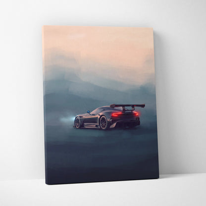 Aston Martin Vulcan inspired sleek black sports car with red taillights on canvas wall art track edition print