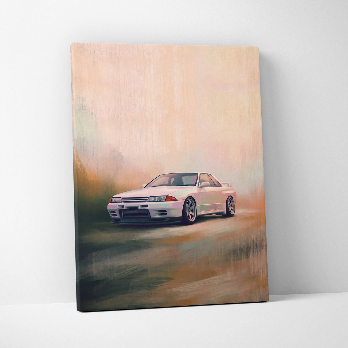 White nissan skyline gt-r r32 sports car painted in a dynamic style on canvas japanese jdm car wall art