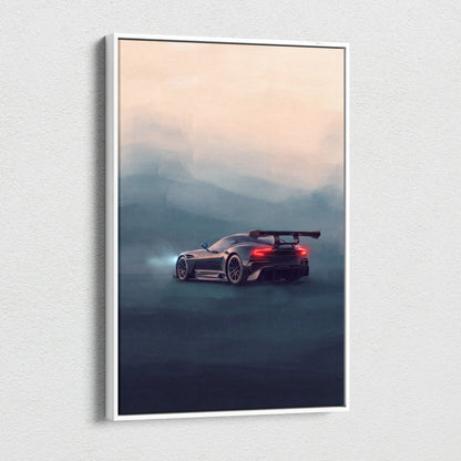A sleek black aston martin vulcan inspired sports car with glowing red taillights and rear spoiler on canvas print