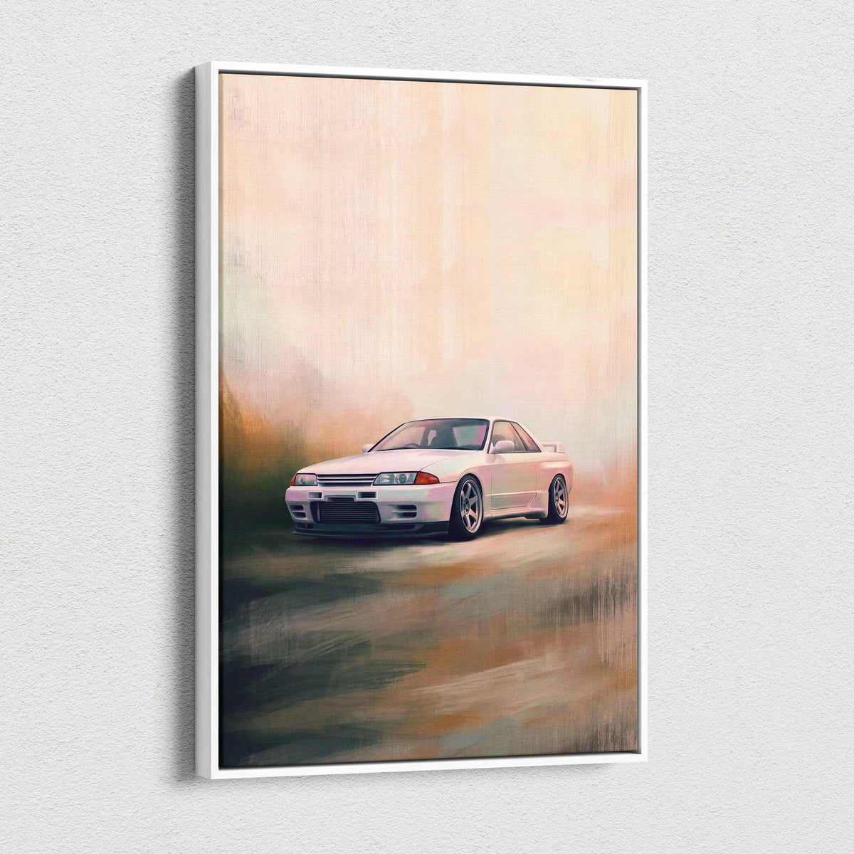 White Nissan Skyline GT-R R32 sports car canvas painting in a sleek white frame inspired automotive wall art