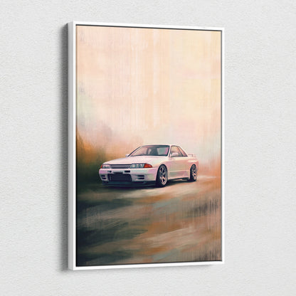 White Nissan Skyline GT-R R32 sports car canvas painting in a sleek white frame inspired automotive wall art