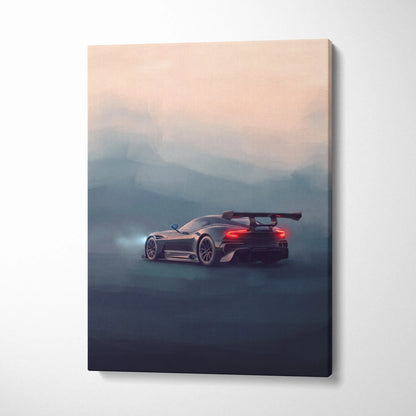 Aston Martin Vulcan inspired car wall art canvas print featuring sleek black racing car with glowing red taillights in mist