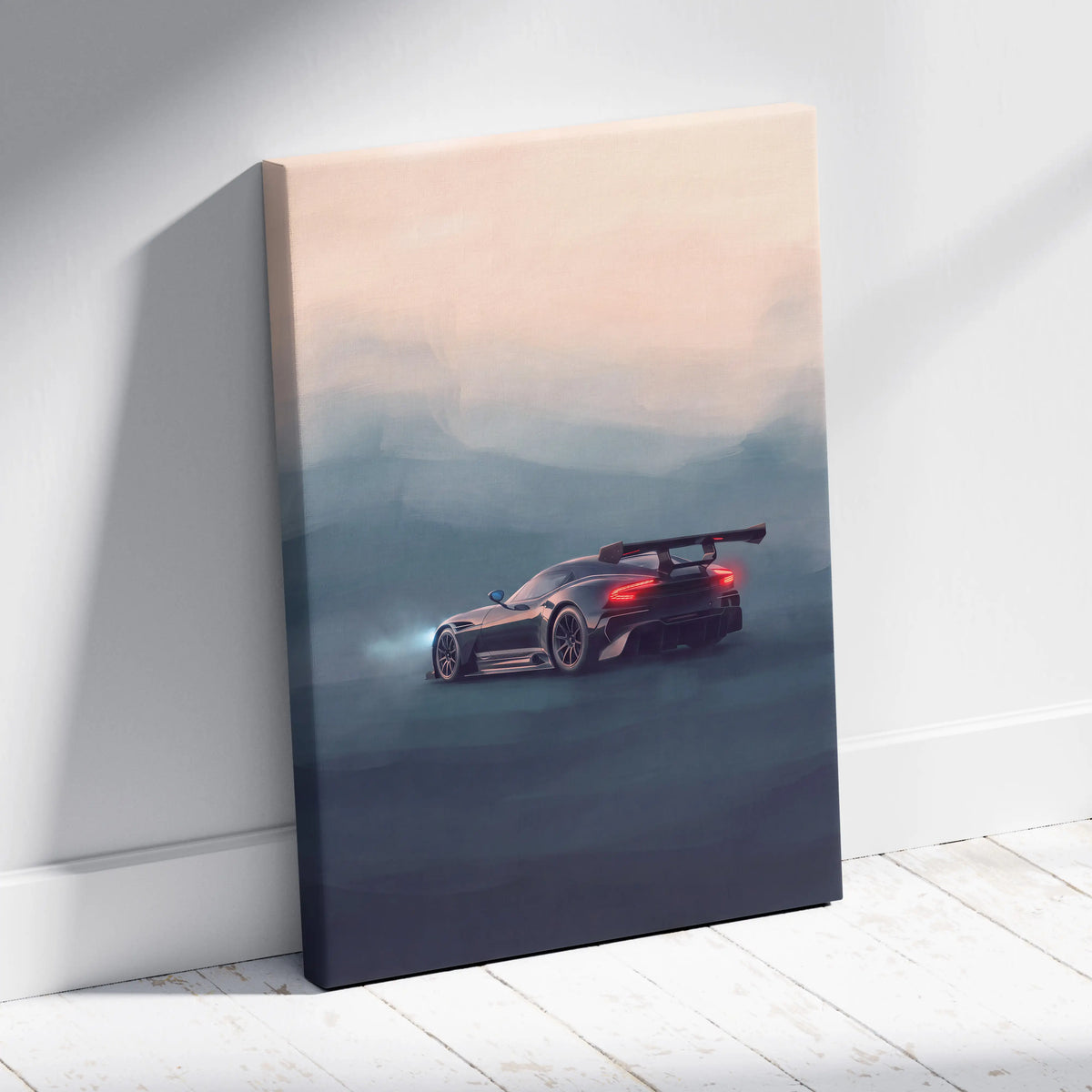 Aston Martin Vulcan inspired sleek black sports car wall art canvas print with glowing red taillights and rear spoiler