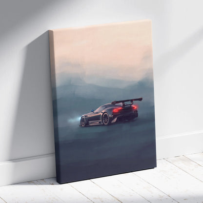 Aston Martin Vulcan inspired sleek black sports car wall art canvas print with glowing red taillights and rear spoiler