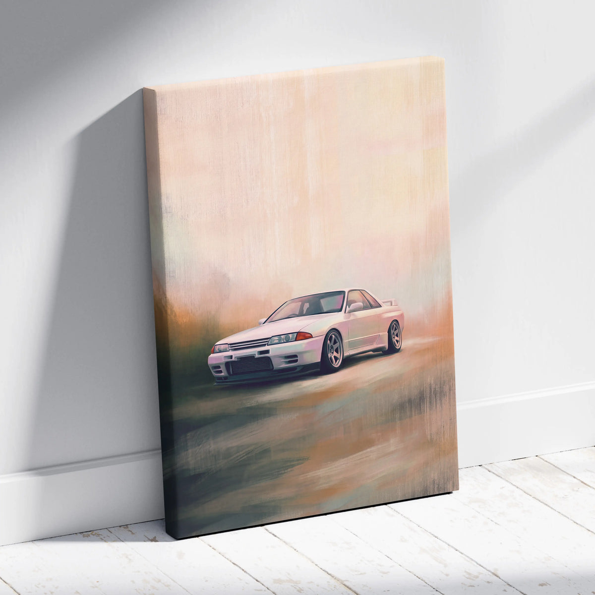 White nissan skyline gt-r r32 inspired canvas print featuring a classic japanese jdm sports car in motion wall art