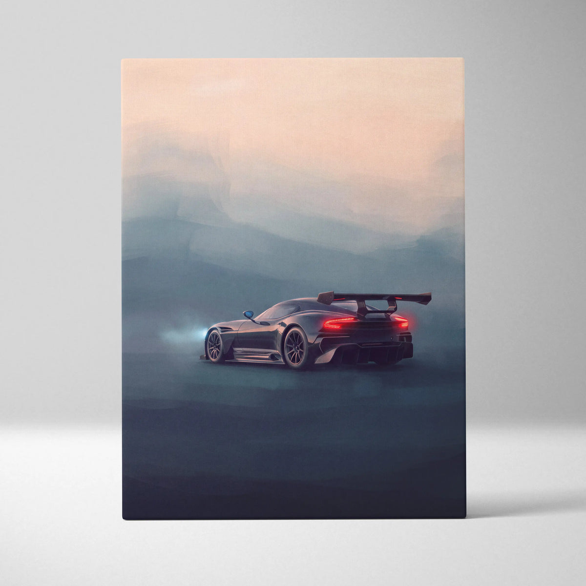 Aston Martin Vulcan inspired track edition canvas painting print of a sleek black Aston Martin Vantage GT3 rear view