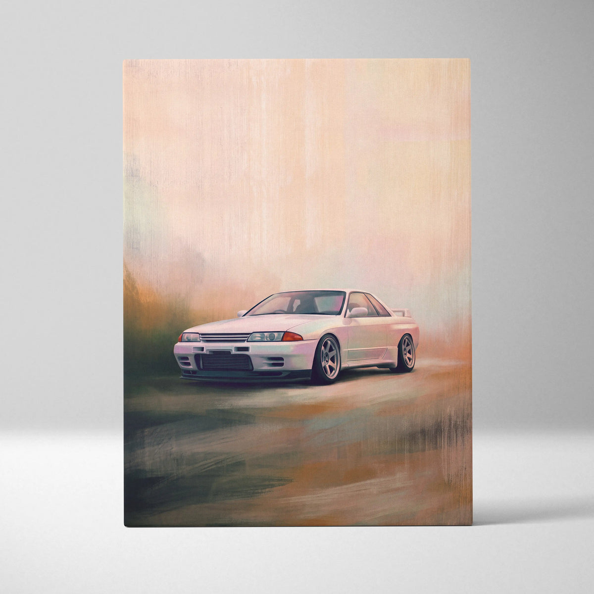 White nissan skyline r32 gt-r stylized painterly automotive wall art canvas painting inspired by japanese jdm car culture