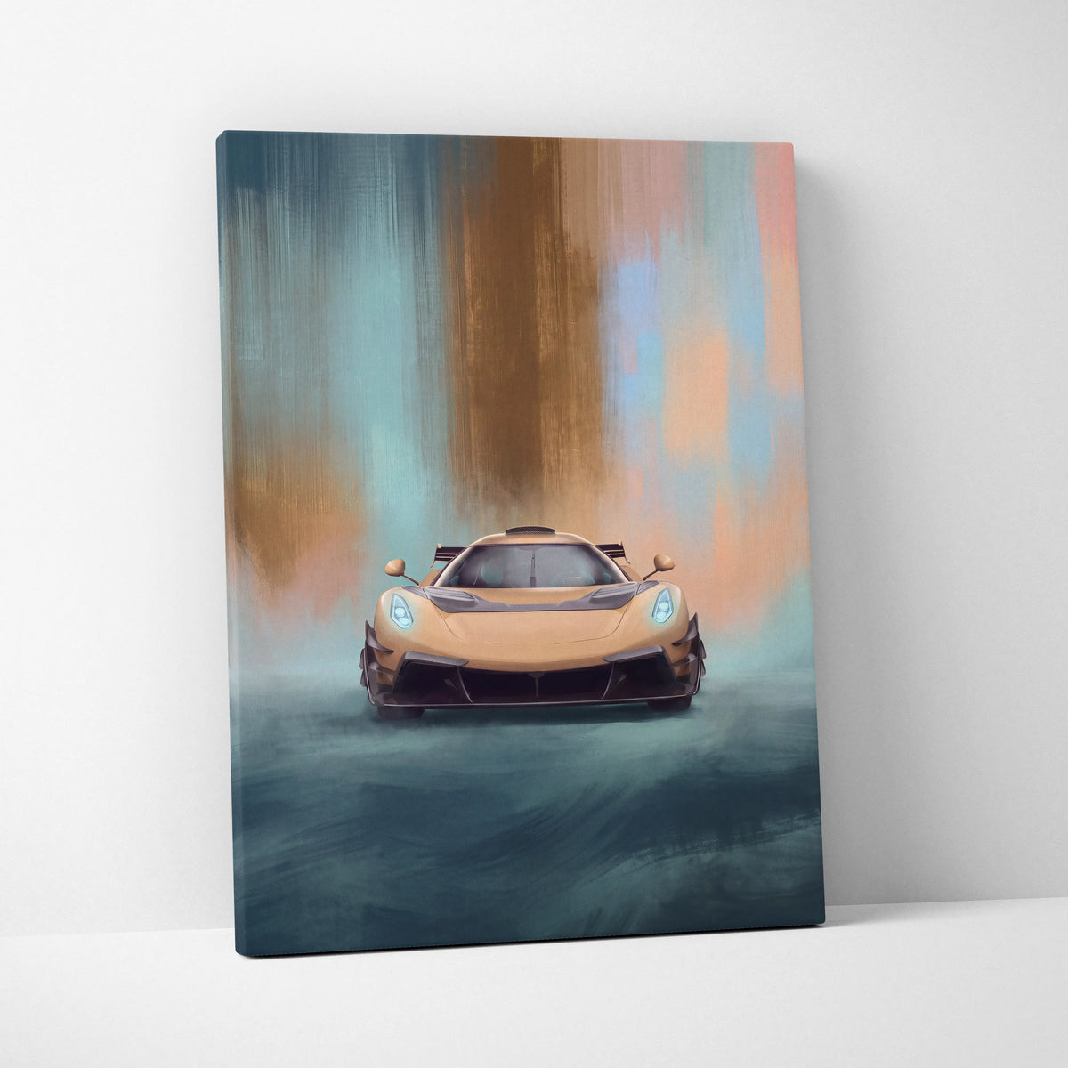 Koenigsegg Jesko Attack inspired luxury supercar canvas print featuring a golden sports car with glowing blue headlights