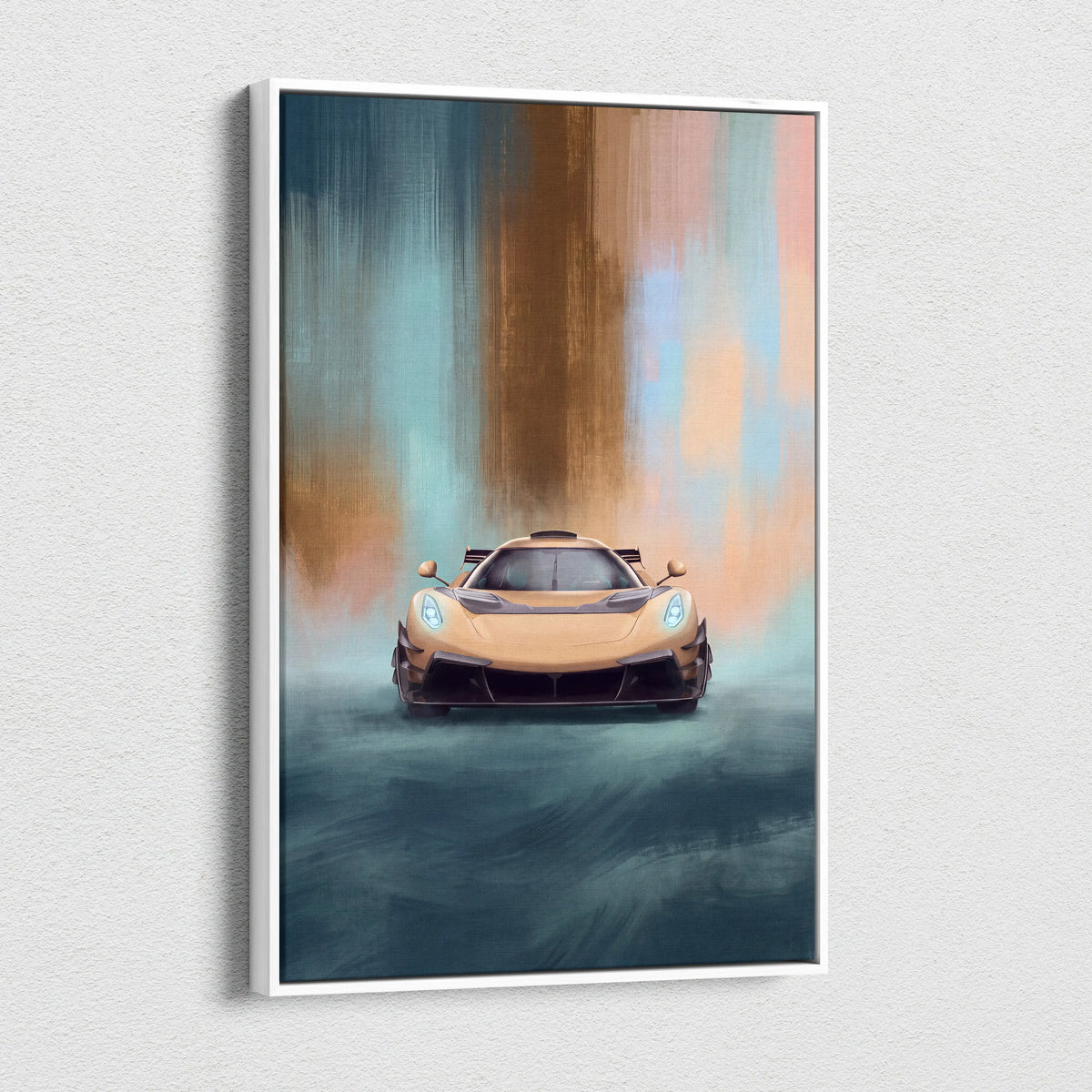 A framed canvas print of a golden koenigsegg jesko attack hypercar with glowing blue headlights on a teal orange background