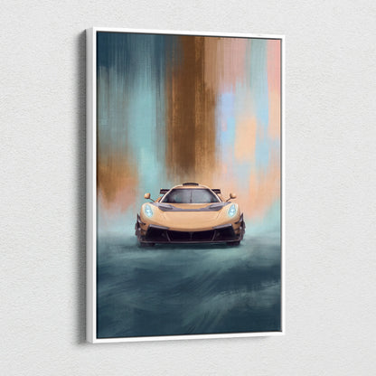 A framed canvas print of a golden koenigsegg jesko attack hypercar with glowing blue headlights on a teal orange background
