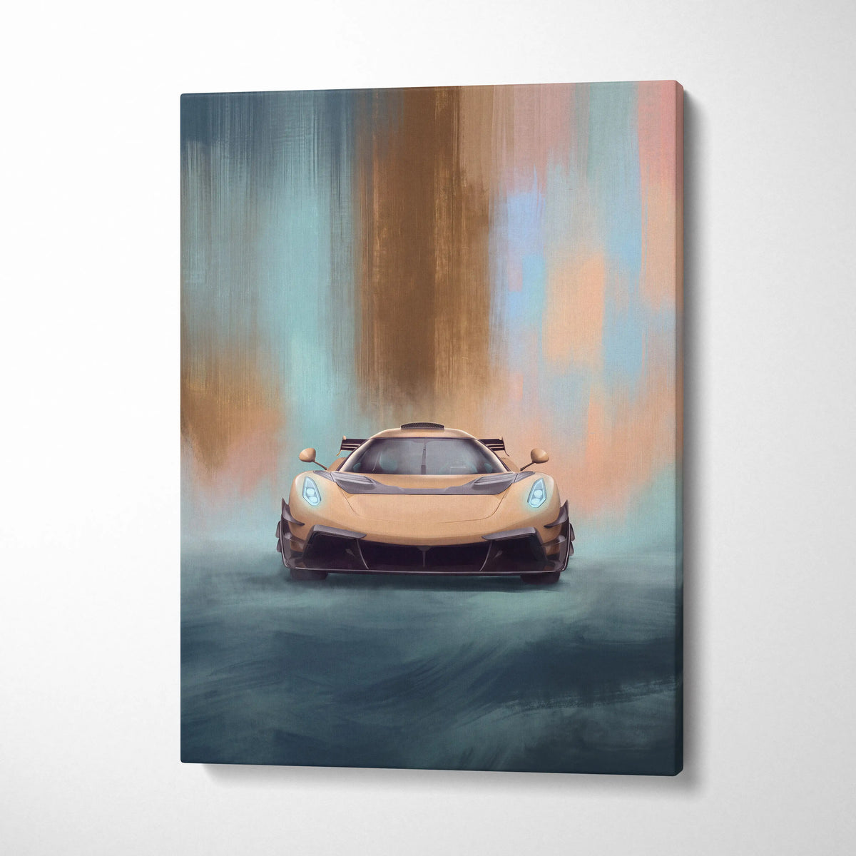 Koenigsegg jesko attack inspired luxury supercar canvas print featuring a sleek golden hypercar with glowing blue headlights