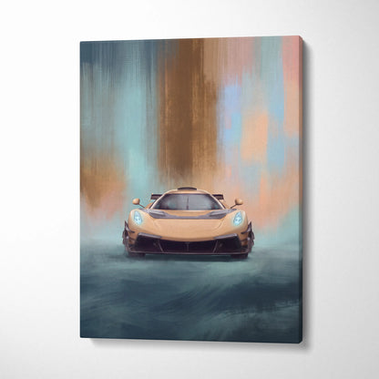 Koenigsegg jesko attack inspired luxury supercar canvas print featuring a sleek golden hypercar with glowing blue headlights