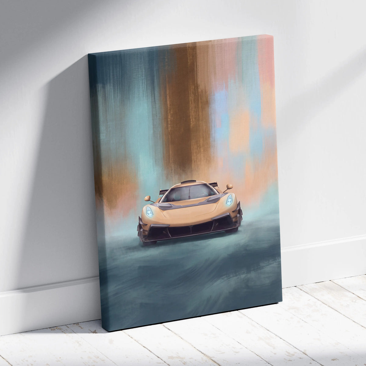 Koenigsegg Jesko Attack inspired luxury supercar canvas print featuring golden hypercar with glowing blue headlights