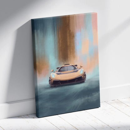 Koenigsegg Jesko Attack inspired luxury supercar canvas print featuring golden hypercar with glowing blue headlights