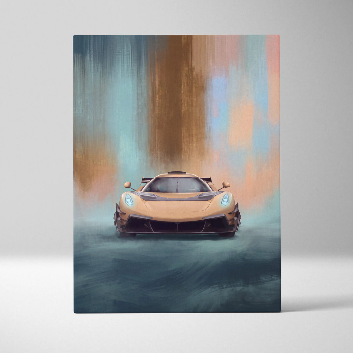 Koenigsegg jesko attack inspired automotive wall art featuring a sleek tan hypercar with glowing blue headlights on canvas print