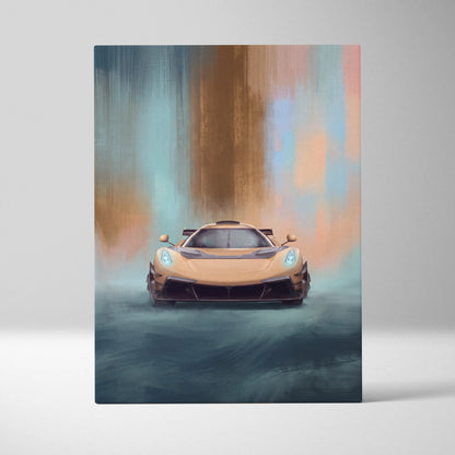 Koenigsegg jesko attack inspired automotive wall art featuring a sleek tan hypercar with glowing blue headlights on canvas print