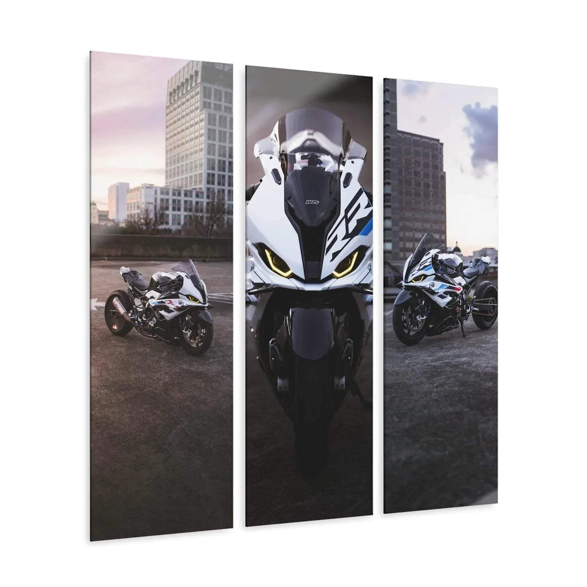 Three-piece canvas wall art featuring BMW S1000RR motorcycle with urban skyline background, modern canvas art.