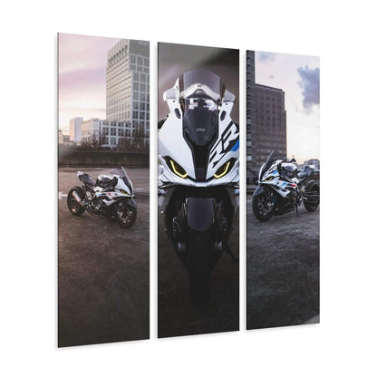 Three-piece canvas wall art featuring BMW S1000RR motorcycle with urban skyline background, modern canvas art.