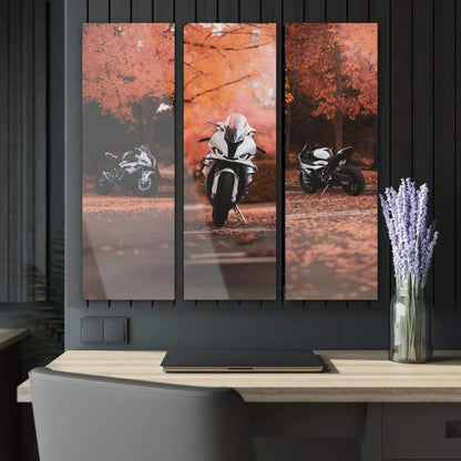 BMW S1000RR motorcycle canvas art in three-panel wall art featuring autumn forest background.