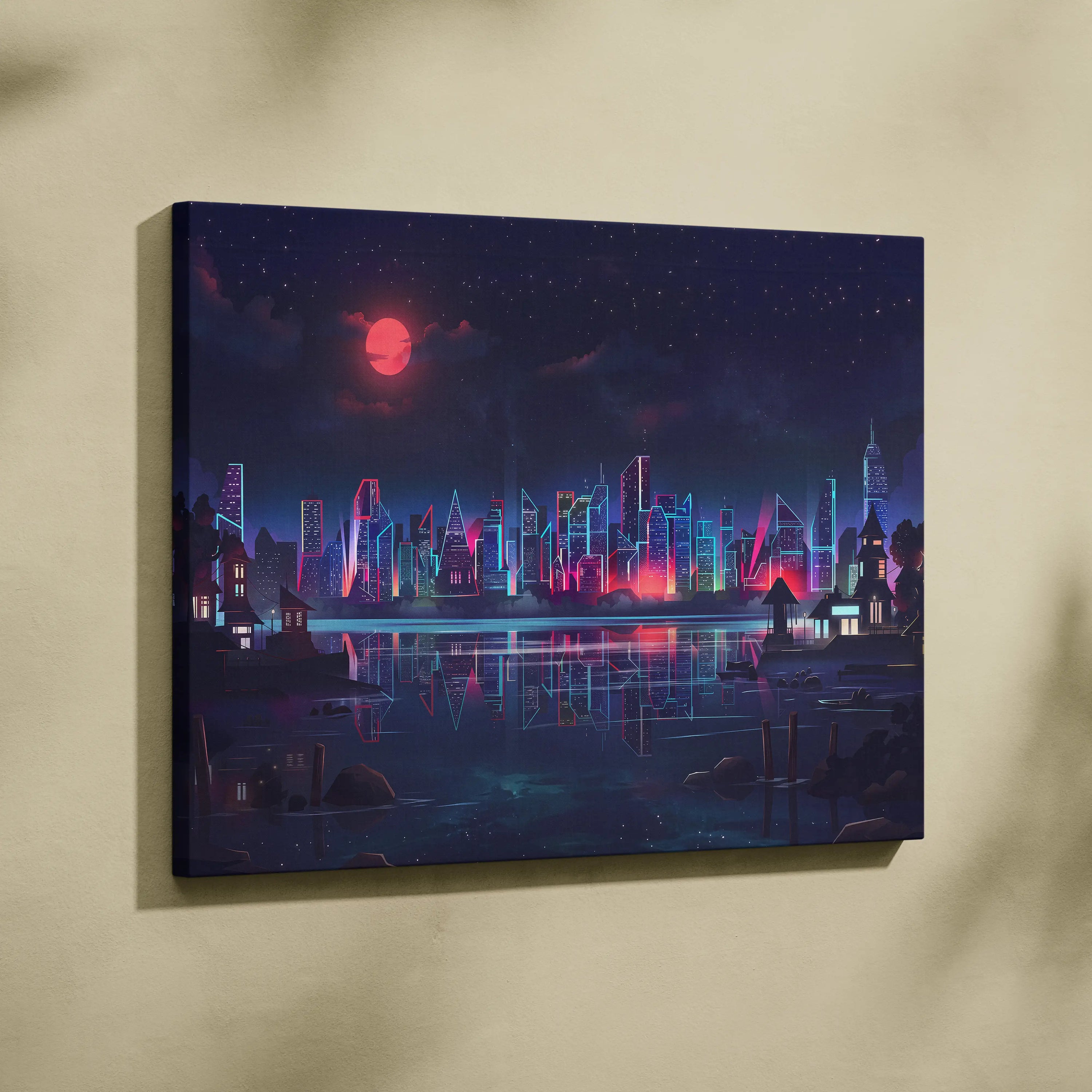 Neon City Vaporwave Canvas - Neon City Skyline Pink Blue Living Room Vaporwave Dreamy Mood Retro Futurism Decor