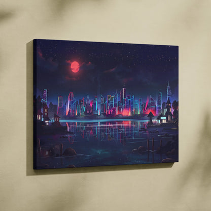 Neon City Vaporwave Canvas - Neon City Skyline Pink Blue Living Room Vaporwave Dreamy Mood Retro Futurism Decor