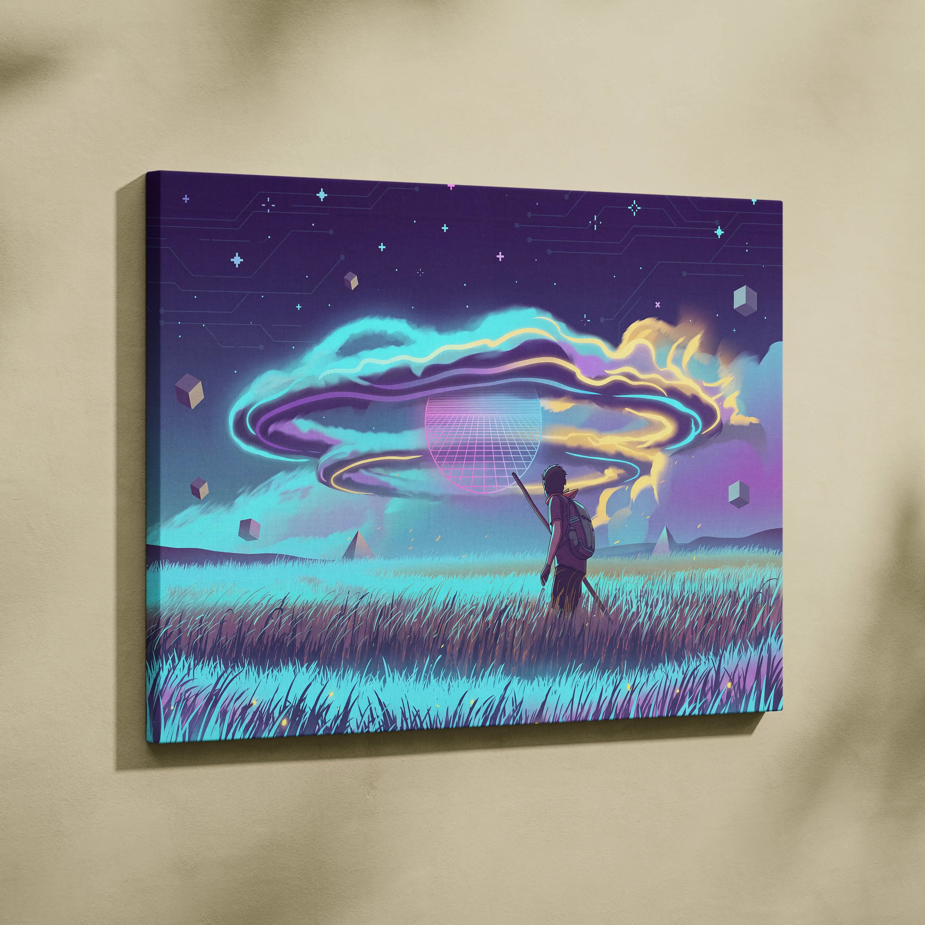 Vaporwave Dreamscape Neon Canvas - Vaporwave Dreamscape Neon Blues Living Room Futurist Dreamy Ethereal Mood Wall Canvas