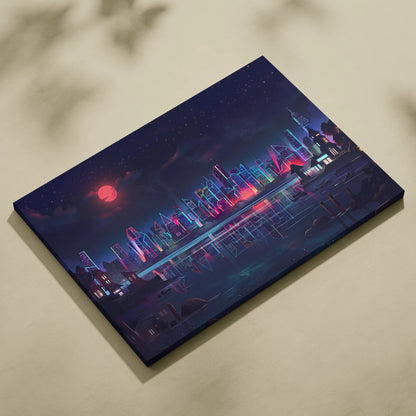 Neon City Vaporwave Canvas - Neon City Skyline Pink Blue Living Room Vaporwave Dreamy Mood Retro Futurism Decor