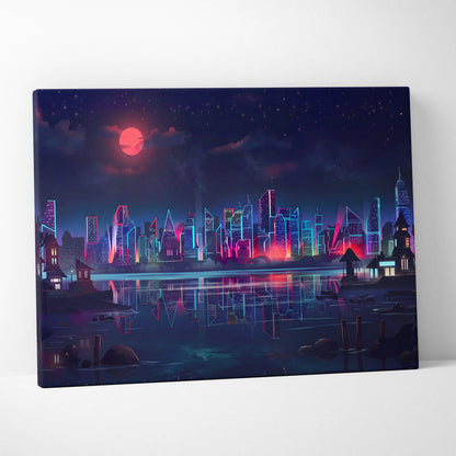Neon City Vaporwave Canvas - Neon City Skyline Pink Blue Living Room Vaporwave Dreamy Mood Retro Futurism Decor
