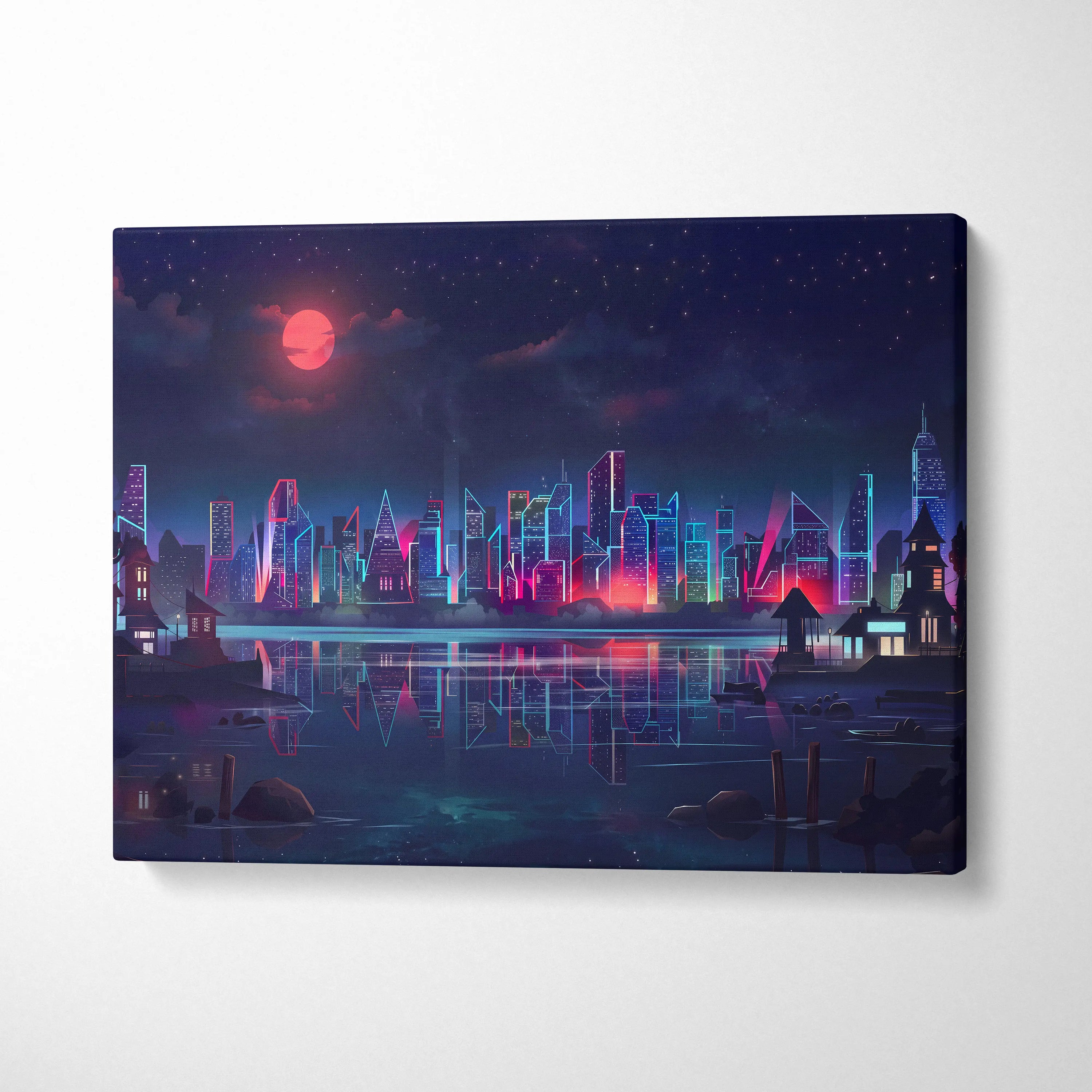 Neon City Vaporwave Canvas - Neon City Skyline Pink Blue Living Room Vaporwave Dreamy Mood Retro Futurism Decor