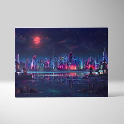 Neon City Vaporwave Canvas - Neon City Skyline Pink Blue Living Room Vaporwave Dreamy Mood Retro Futurism Decor