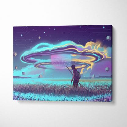 Vaporwave Dreamscape Neon Canvas - Vaporwave Dreamscape Neon Blues Living Room Futurist Dreamy Ethereal Mood Wall Canvas