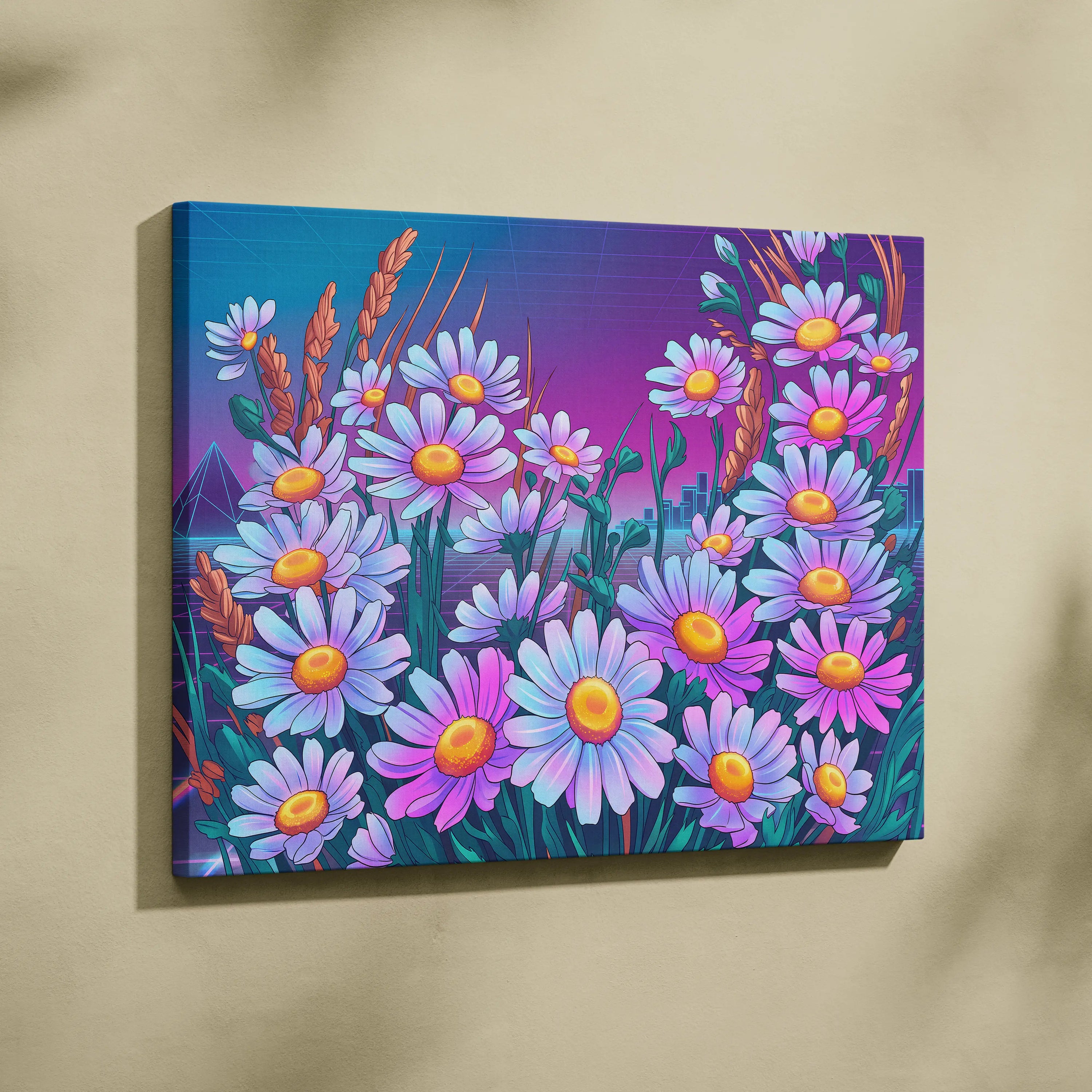 Vaporwave Neon Daisy Canvas - Daisy Neon Pink Living Room Vaporwave Mood Nostalgic Surreal Decor Synthwave Art Canvas