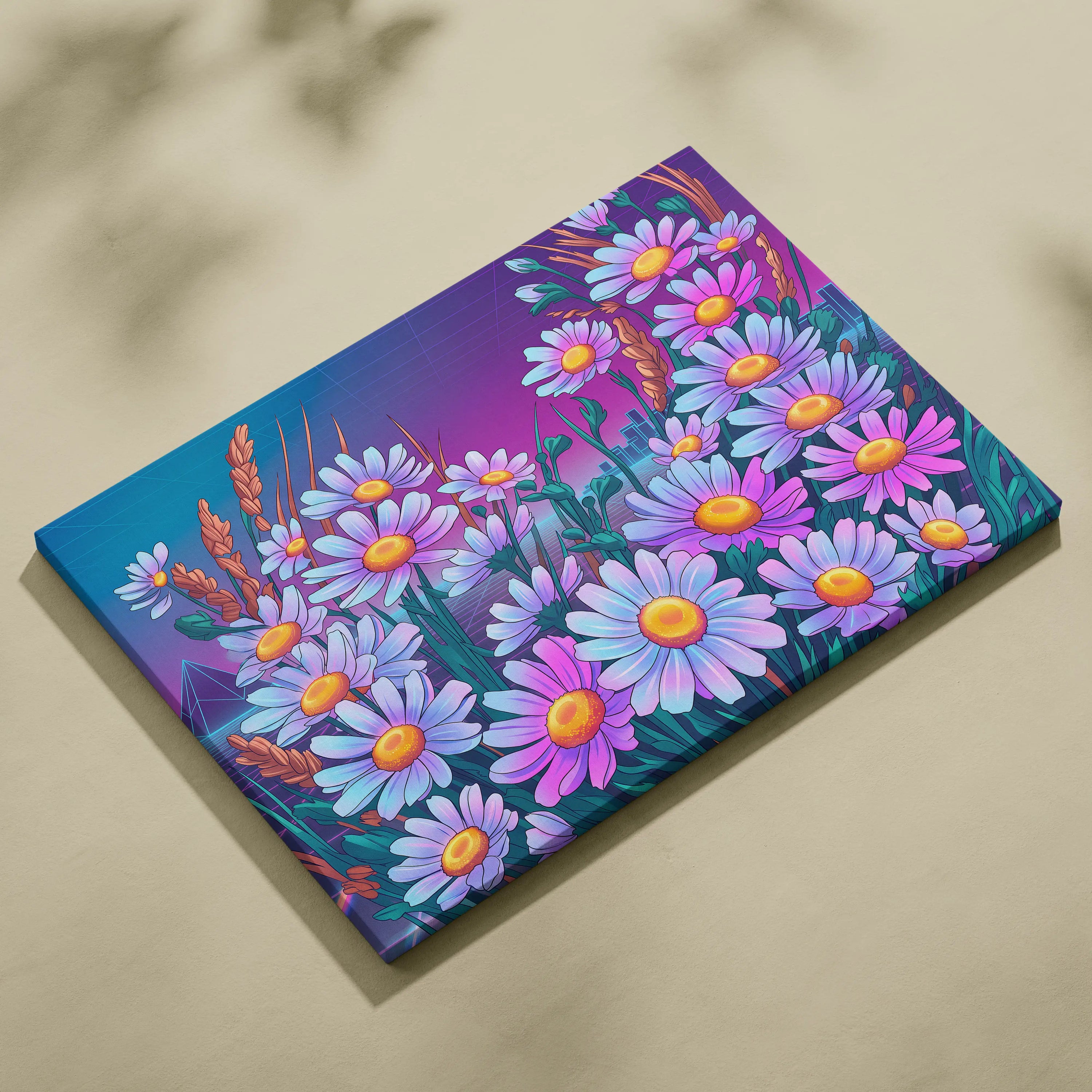 Vaporwave Neon Daisy Canvas - Daisy Neon Pink Living Room Vaporwave Mood Nostalgic Surreal Decor Synthwave Art Canvas
