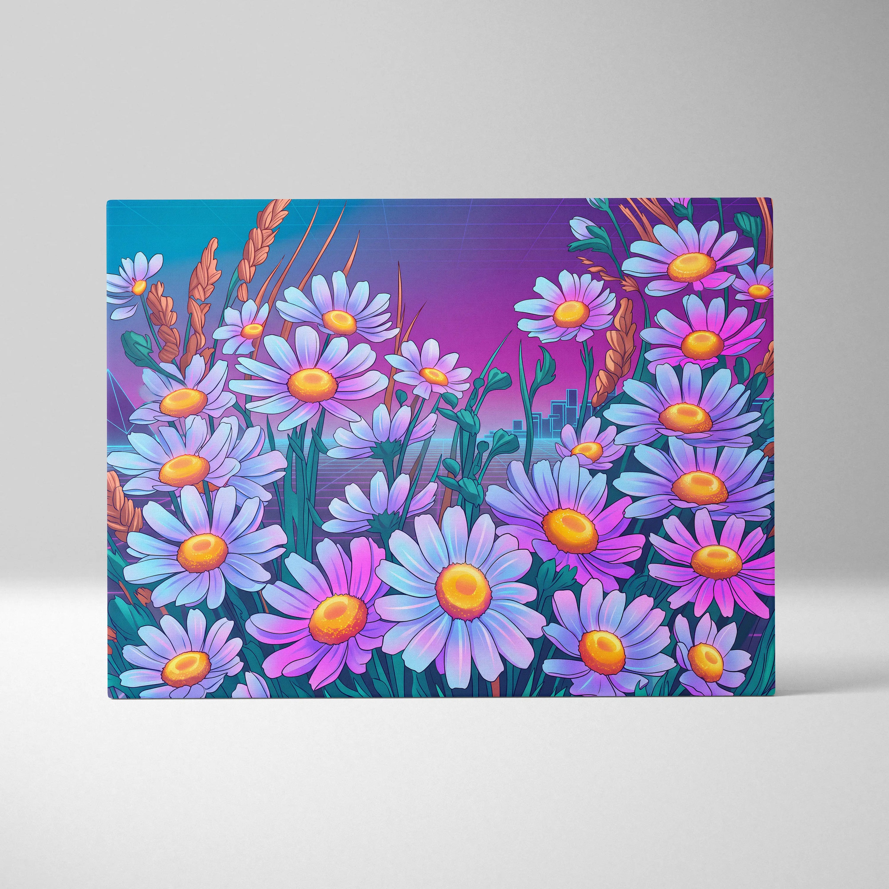 Vaporwave Neon Daisy Canvas - Daisy Neon Pink Living Room Vaporwave Mood Nostalgic Surreal Decor Synthwave Art Canvas