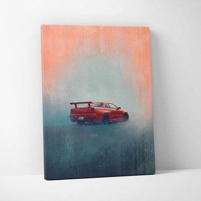 A vibrant red Nissan Skyline GT-R R34 twin turbo racing canvas painting for garage wall art