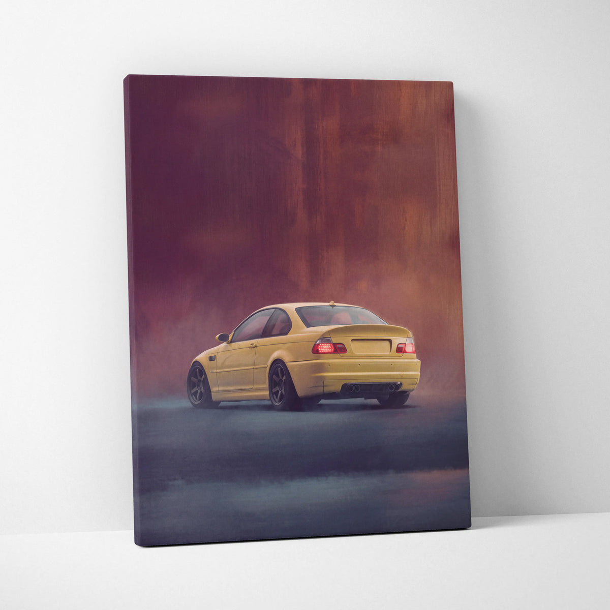 Yellow bmw m3 canvas print showing rear three quarter view of e46 coupe in phoenix yellow against moody background